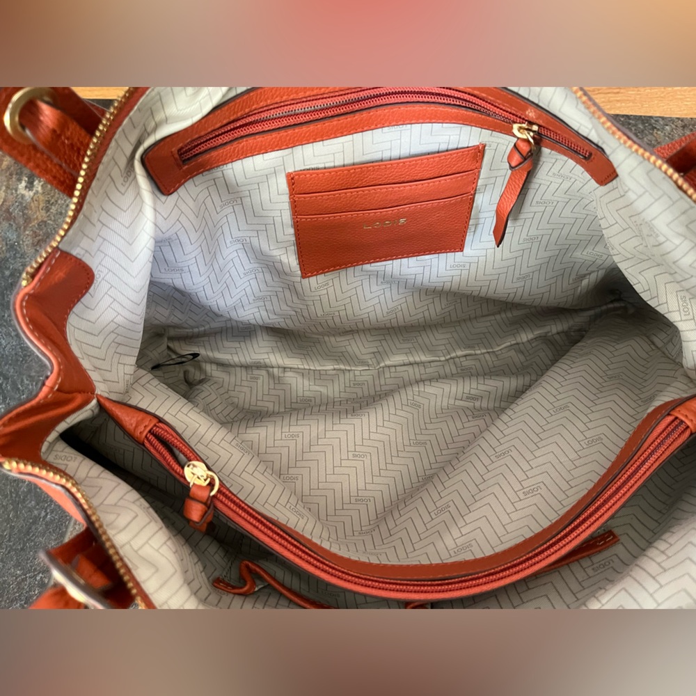 New Lodis Texas leather Amanda 100% leather oversized work tote purse. Orange - Picture 12 of 16